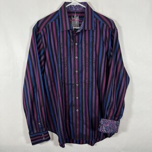 Robert Graham Button Up Shirt Mens Large Blue Pink Purple Striped Flipcuff LS